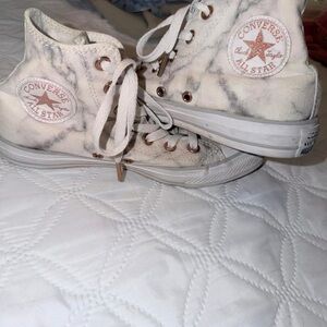 Converse High Top Sneakers in White Marble with Rose Gold Accents